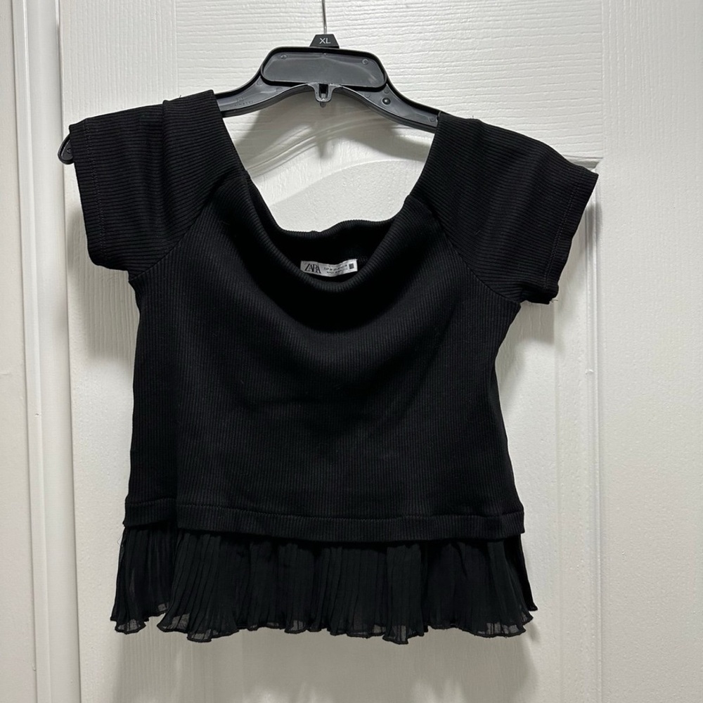 Zara black cropped shirt with ruffle trim
